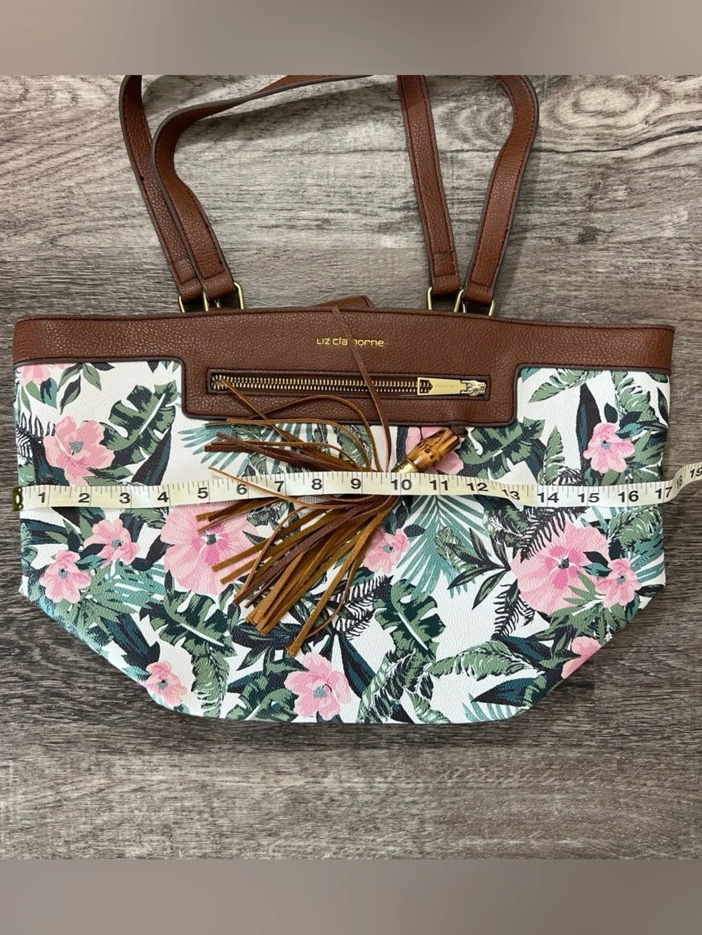 Liz Claiborne Floral and Tropical Leaf Print Pink and Green Tote Bag